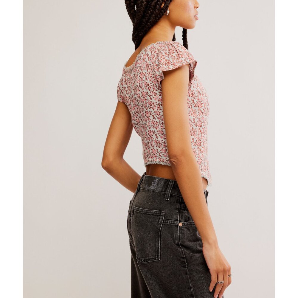 Free People Faye Floral Top-Gray Combo Size L - Picture 3 of 7